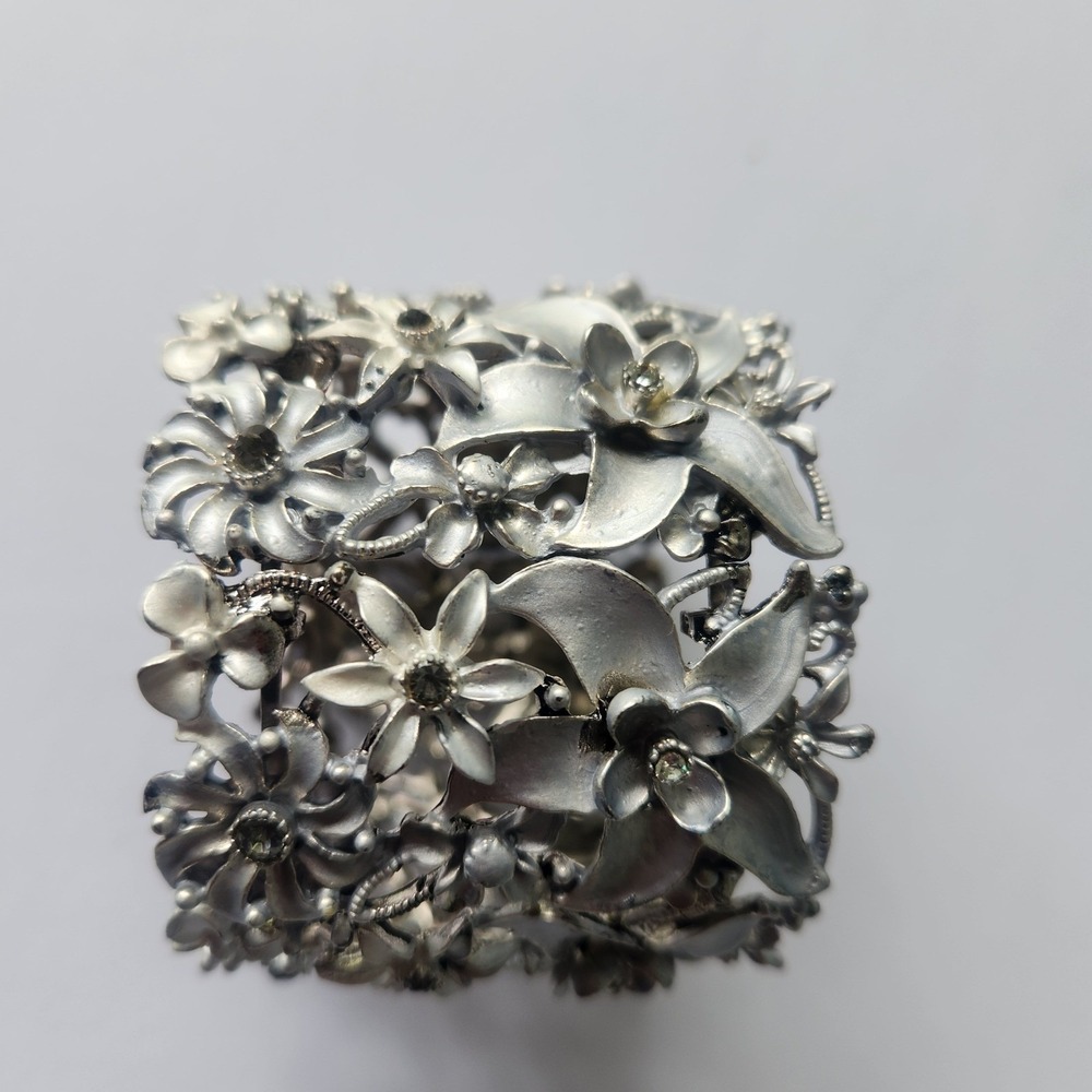 Silver Tone Floral Cuff Bracelet Wide Hinged Statement Flower Bangle